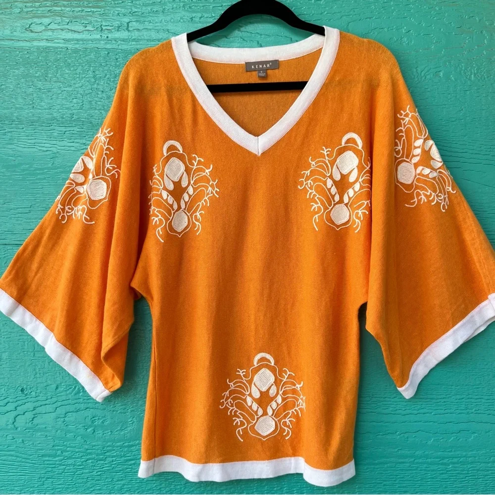 KENAR Sweater Top Embroidered Light Knit Orange White Kimono Sleeves SIZE SMALL